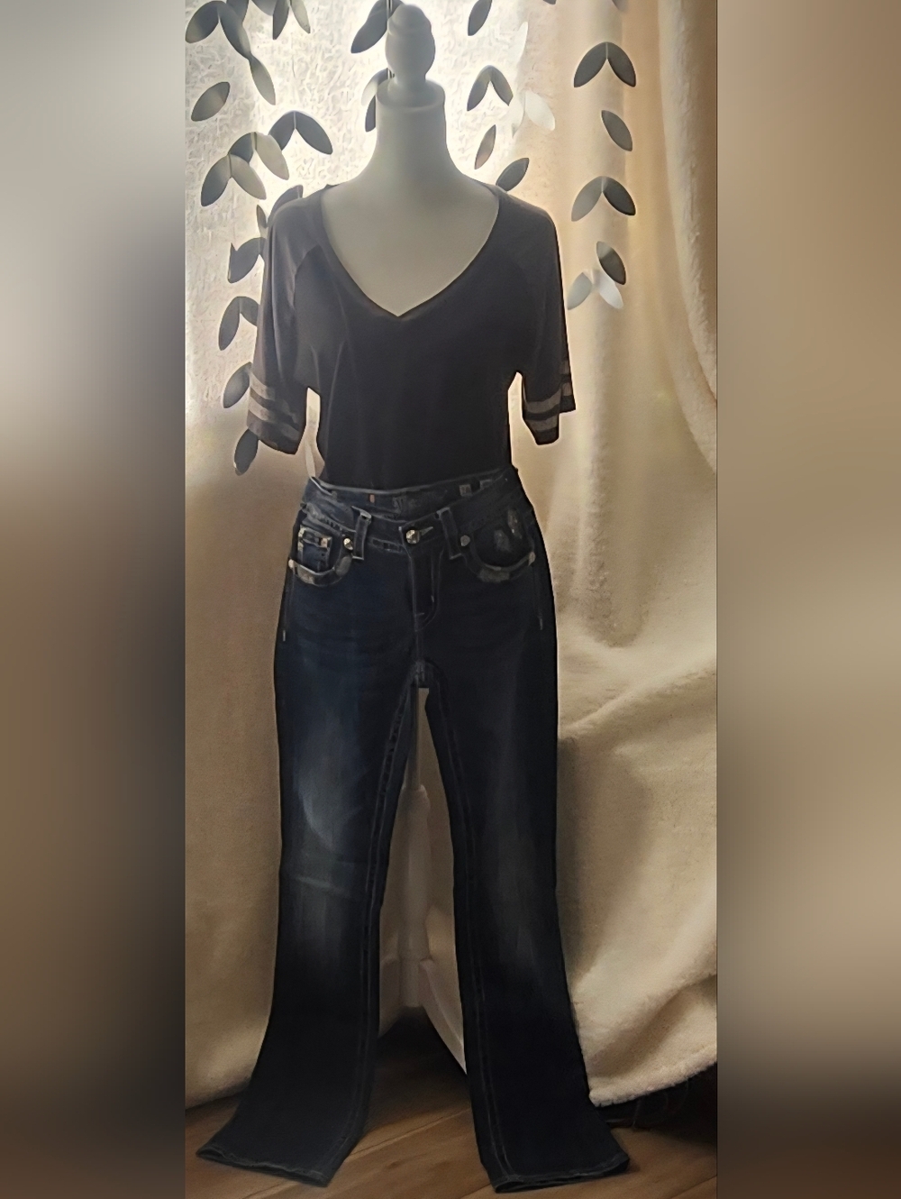 Miss Me Dark Blue Flare Jeans with Faded Whiskering